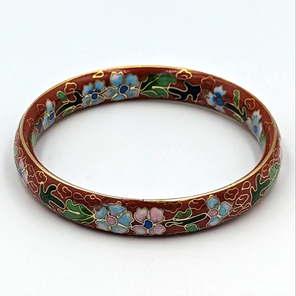 Floral Vintage Cloisonné Costume Bracelet Bangle Red with Flowers - Picture 1 of 11